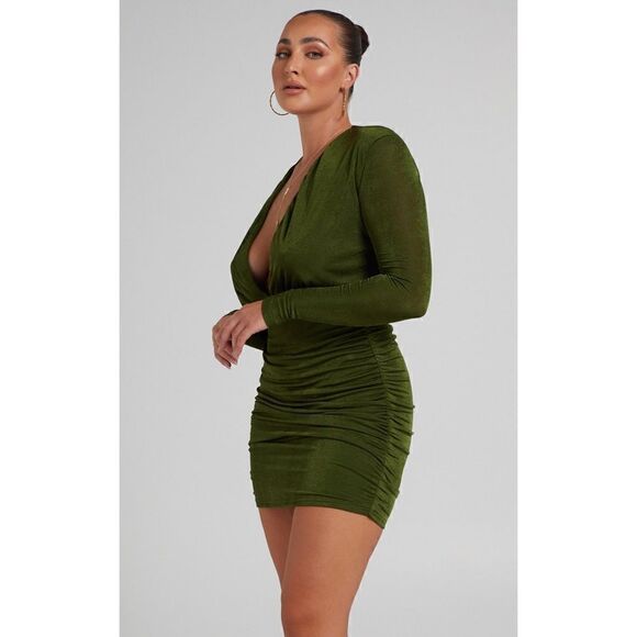 NWT Showpo Kaitie Mini Deep V Open Front Ruched Dress in Khaki, Size 4 - Picture 4 of 16